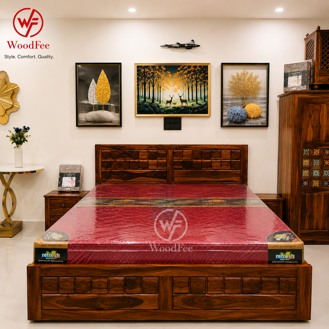 WoodFee Premium Sheesham Wood Cube Bed with Front Drawer Storage