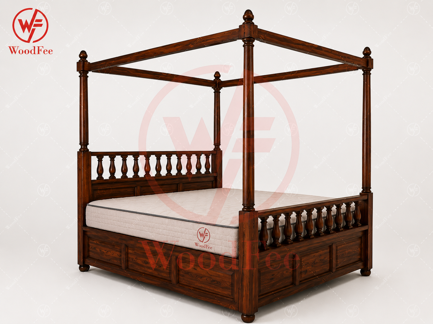 WoodFee Vintage Ghirli Four Poster Bed with Storage - Sheesham Wood