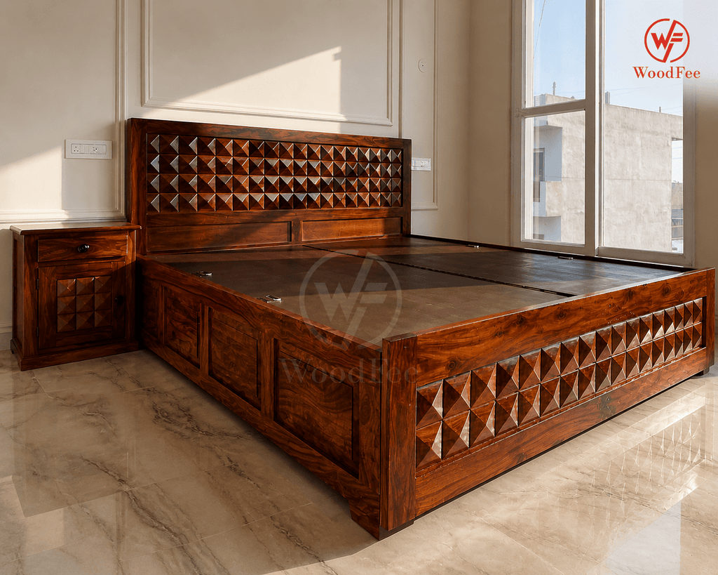 WoodFee Diamond Sheesham Wood Storage Bed with Drawer - WoodFee