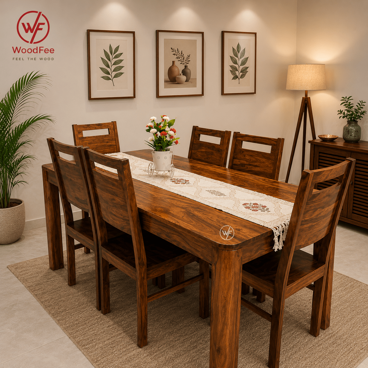 WoodFee Round Corner Sheesham Wood Dining Table Set with 6 Chairs - WoodFee