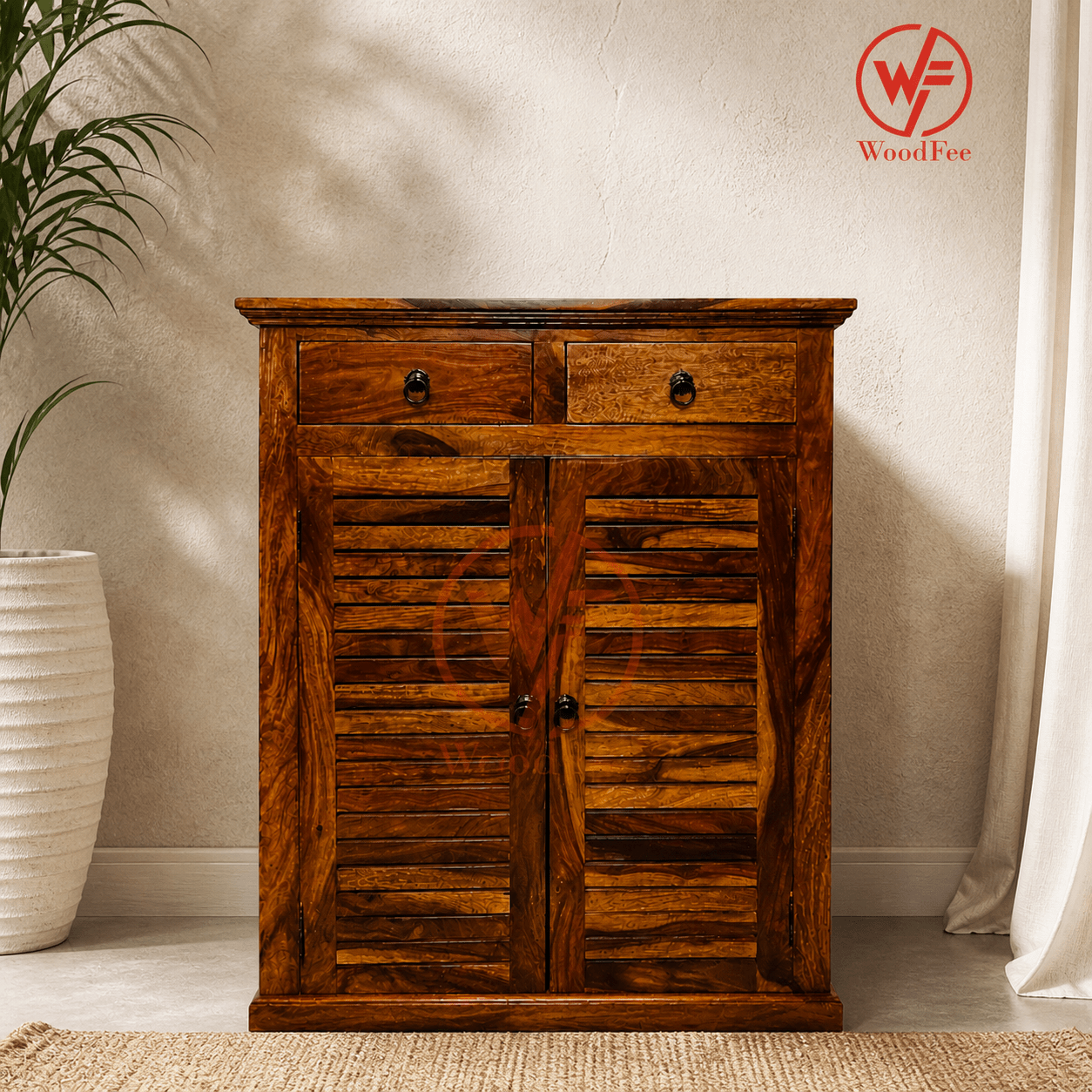 WoodFee Sheesham Wood Shoe Rack with 2 Drawers - WoodFee