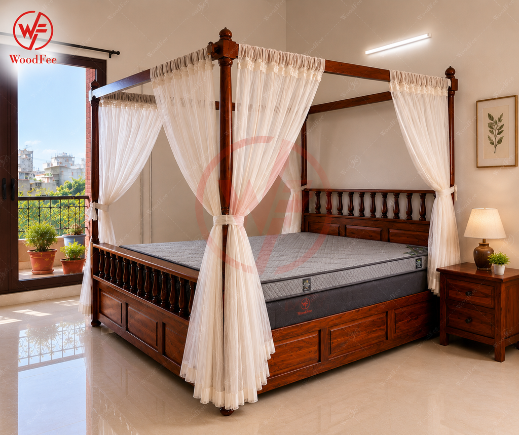 WoodFee Vintage Ghirli Four Poster Bed with Storage - Sheesham Wood