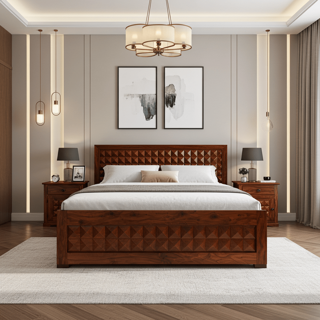 WoodFee Diamond Sheesham Wood Storage Bed with Drawer - WoodFee