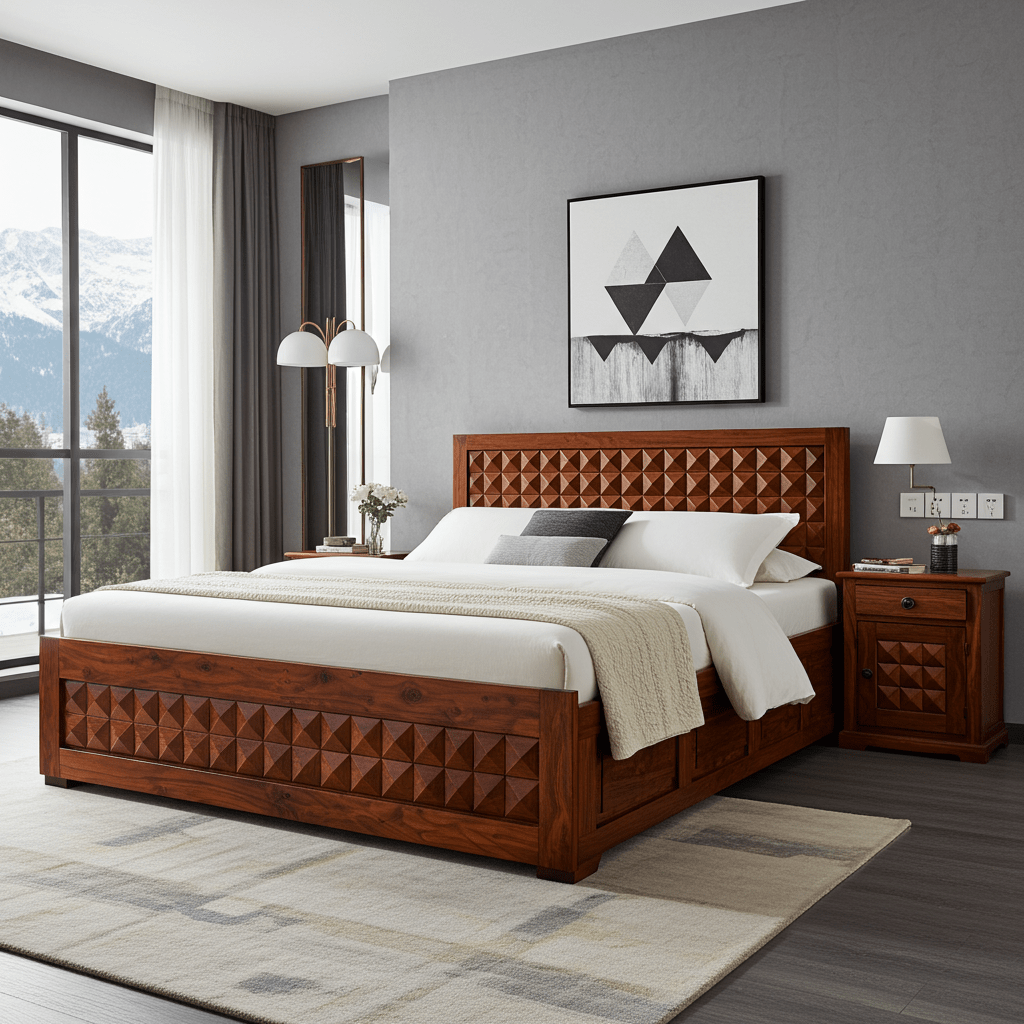 WoodFee Diamond Sheesham Wood Storage Bed with Drawer - WoodFee
