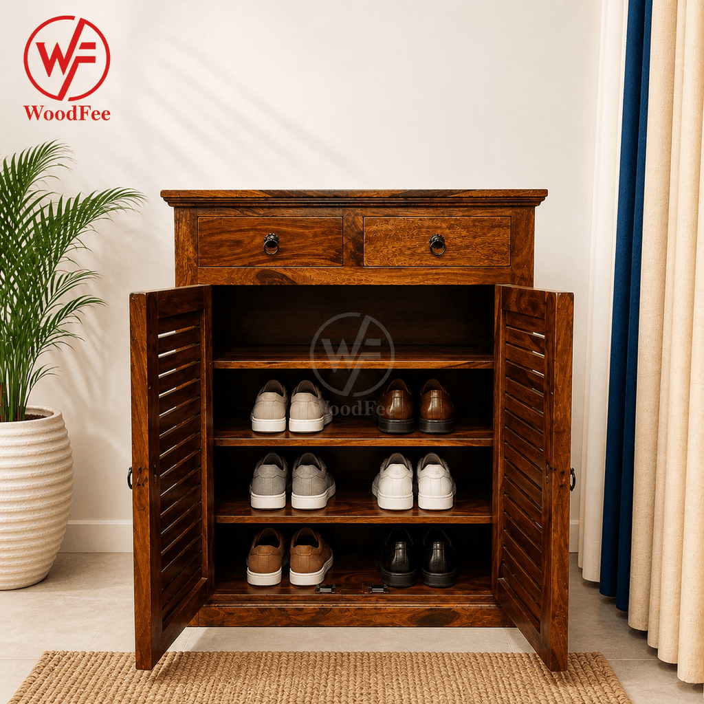 WoodFee Sheesham Wood Shoe Rack with 2 Drawers - WoodFee