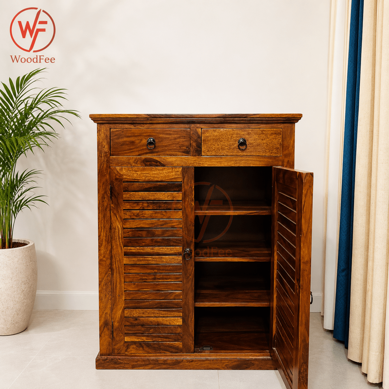 WoodFee Sheesham Wood Shoe Rack with 2 Drawers - WoodFee
